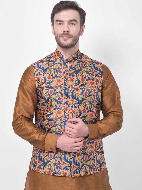

SG LEMAN Men Mustard Yellow & Blue Printed Woven Nehru Jacket