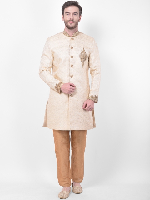 

SG RAJASAHAB Men Beige & Peach-Coloured Woven-Design Jacquard Sherwani Set