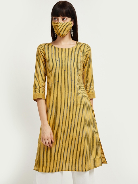 

max Women Mustard & Grey Striped A-Line Kurta