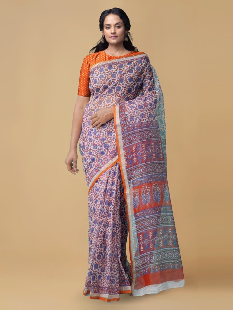 

Unnati Silks Women Off White & Blue Pure Hand Block Printed Kota Cotton Sustainable Saree