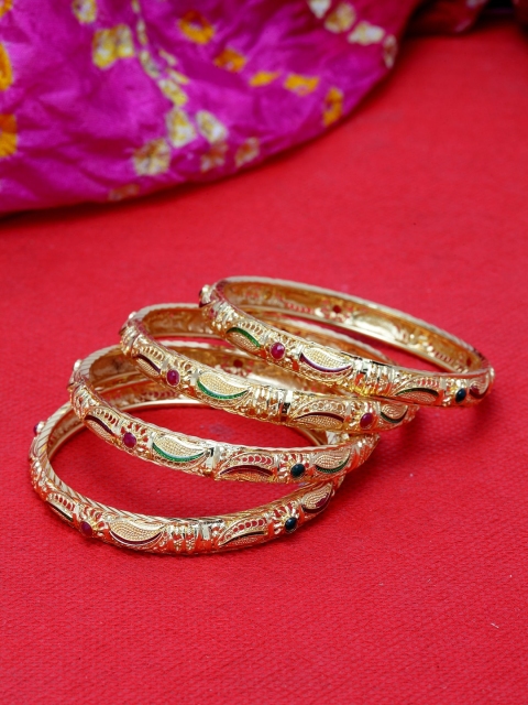 

Shining Diva Set Of 4 Gold-Plated Red & Green Stone Studded Meenakari Bangles