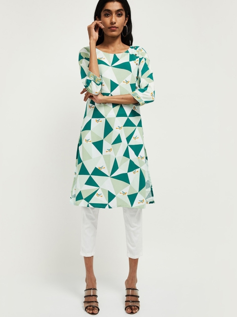 

max Women Green & White Printed Straight Kurta
