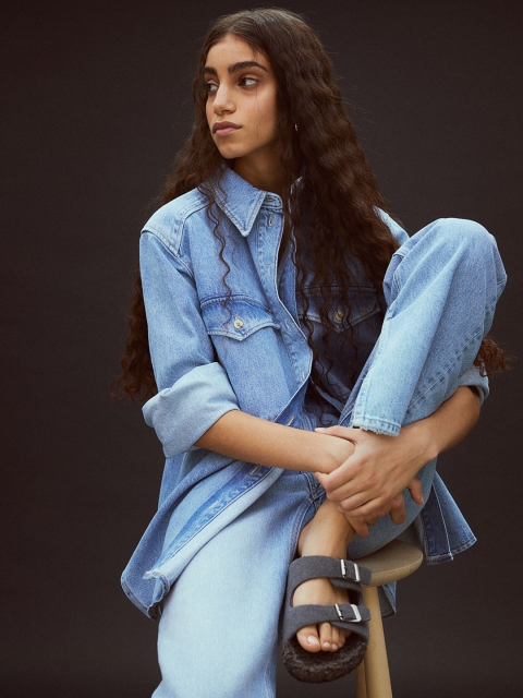

H&M Women Blue Solid Oversized Denim Shirt