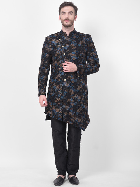 

SG RAJASAHAB Men Black & Blue Woven-Design Brocade Raw Silk Sherwani Set