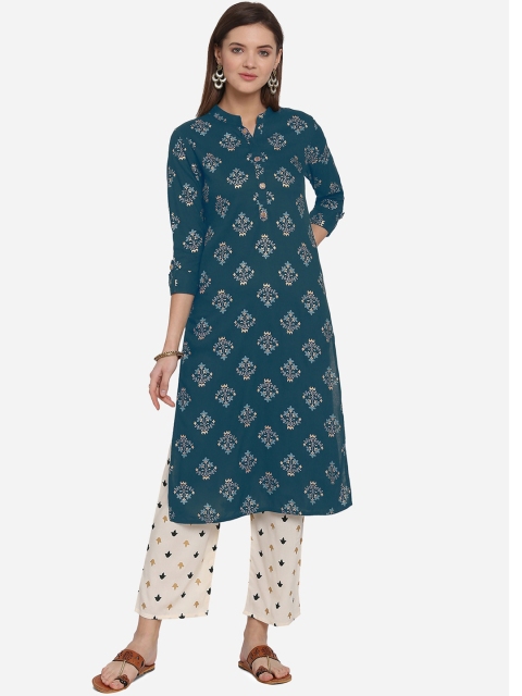 

Mirchi Fashion Women Teal Blue & Off-White Foil Printed Kurta with Trousers