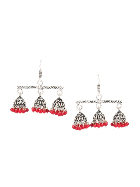 

DESI COLOUR Silver & Red Dome Shaped Jhumkas
