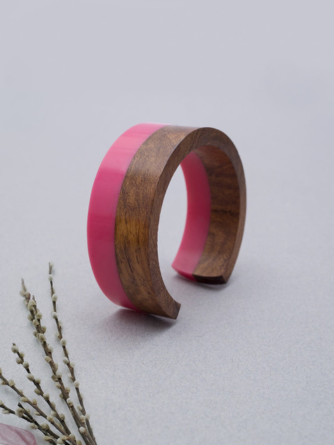 

Golden Peacock Women Pink & Brown Wood Cuff Bracelet
