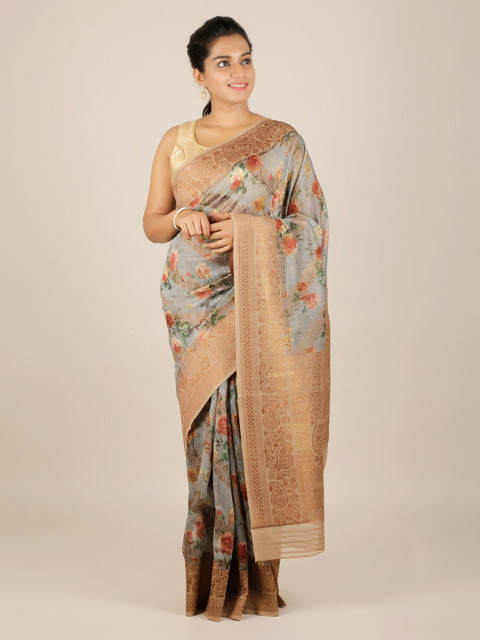 

Pothys Grey Printed Jute Silk Saree