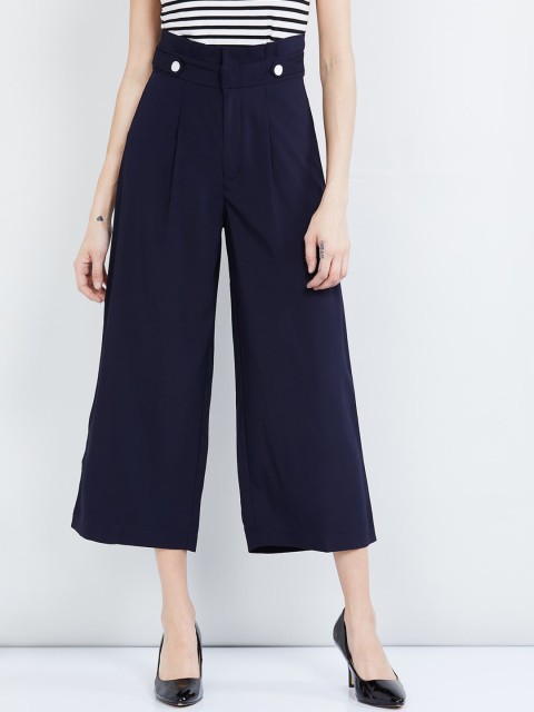 

max Women Navy Blue Solid Straight Palazzos