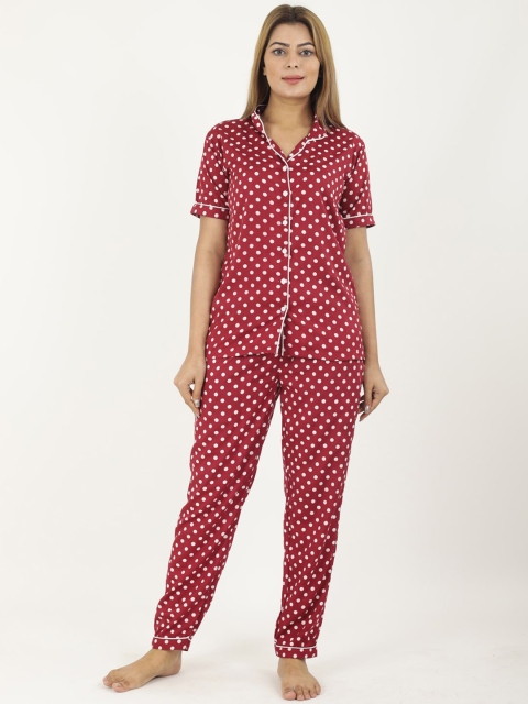 

NEUDIS Women Maroon & White Polka Dot Printed Night Suit