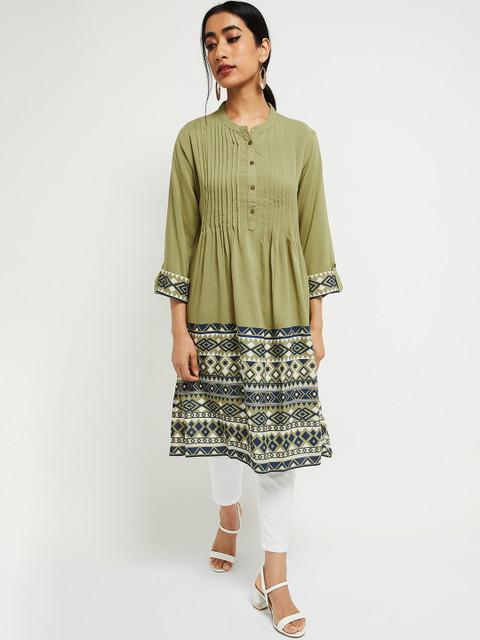 

max Women Olive Green Printed Straight Kurta