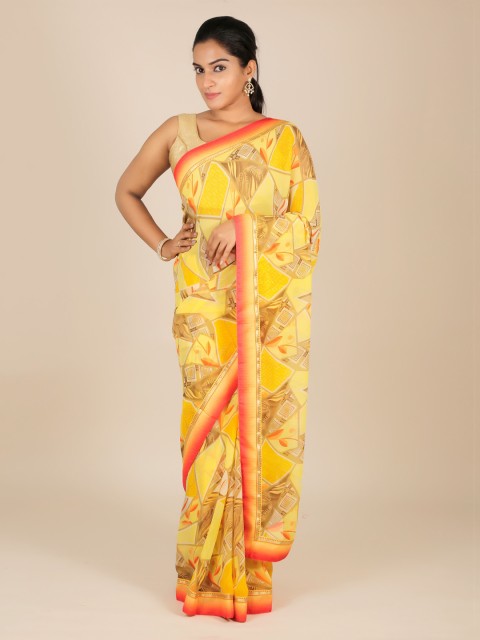 

Pothys Yellow Printed Poly Georgette Saree