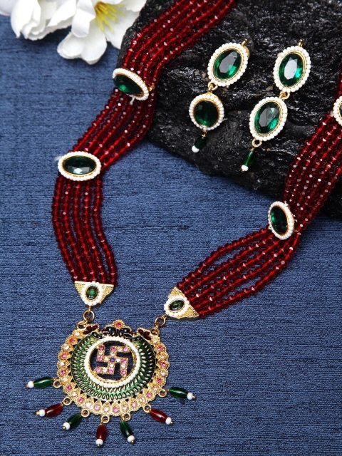 

Shining Diva Gold-Plated Red & Green Stone Studded Beaded Multi-Stranded Jewellery Set