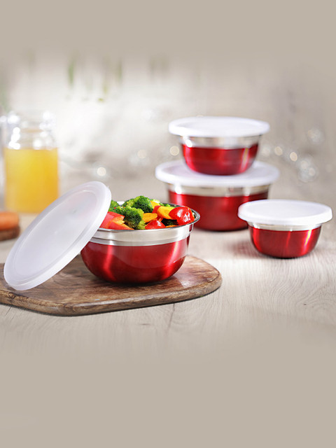 

Jensons Set Of 4 Red & Silver-Toned Stainless Steel Fiesta Bowl With Led