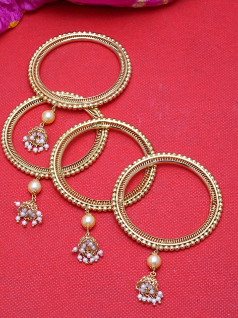 

Shining Diva Set Of 4 Gold-Plated White Pearl Embellished Antique Bangles