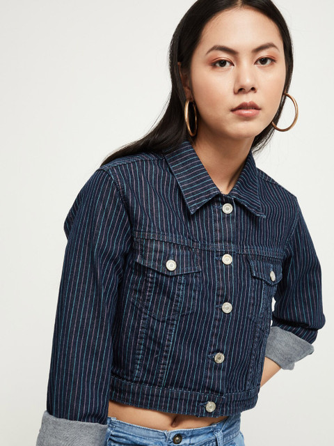 

max Women Blue Striped Denim Jacket