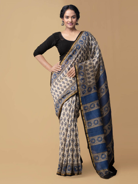 

Unnati Silks Cream-Coloured Pure Silk Printed Chanderi Saree