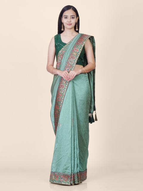

Hastakala Sea Green Pashmina Embellished Jamdani Handloom Saree with Jhalar Pallu