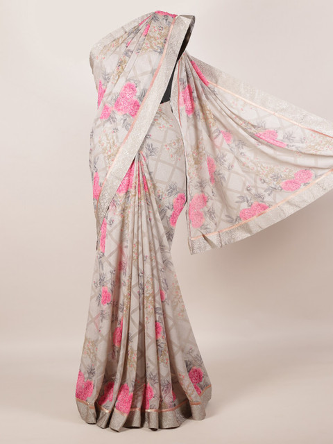 

Pothys Cream-Coloured Printed Poly Georgette Saree
