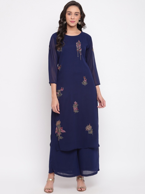 

Ashnaina Women Blue Embroidered Kurta with Palazzos