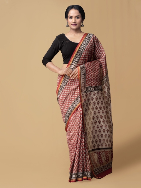 

Unnati Silks Red Pure Silk Bagru Printed Chanderi Saree