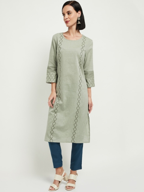 

max Women Green Solid Straight Cotton Kurta