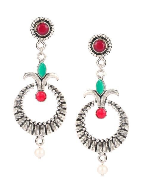 DESI COLOUR Oxidized Silver-Toned Circular Drop Earrings