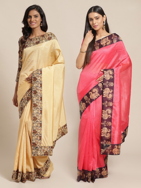 

Florence Beige & Pink Silk Blend Solid Saree Pack of 2
