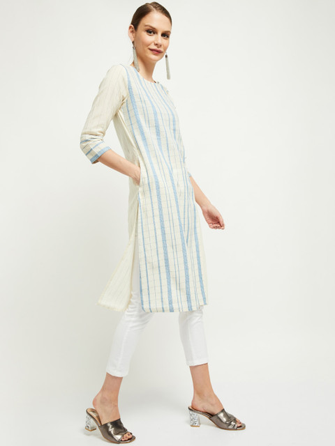 

max Women Off White and Blue Striped Kurta