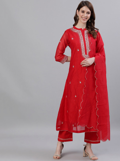 

Ishin Women Red Embroidered Kurta with Trousers & Dupatta