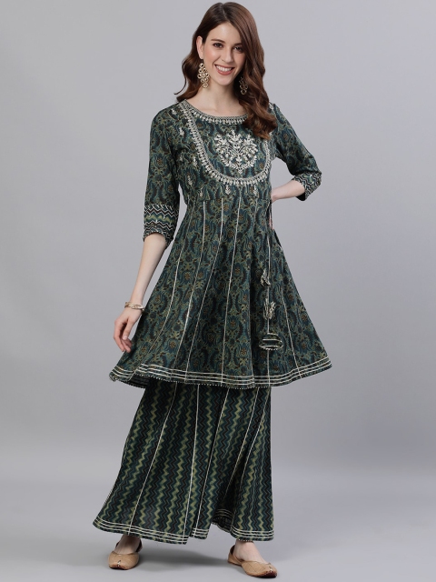 

Ishin Women Green Printed Kurta with Sharara
