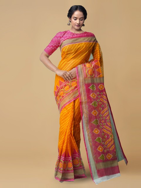 

Unnati Silks Orange & Pink Pure Cotton Hand Block Printed Kota Saree