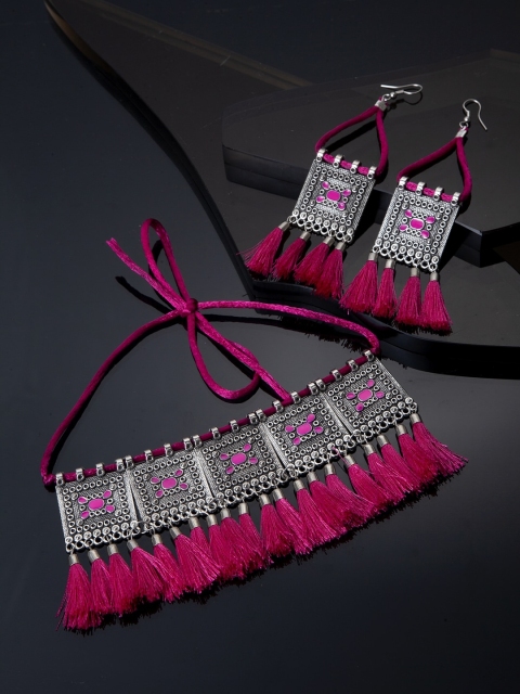 

Shining Diva Oxidised Silver-Toned & Pink Enamelled Tasselled Jewellery Set