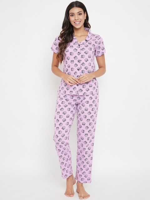 Clovia Women Purple & Black Printed Night Suit