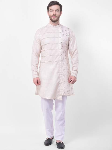

SG LEMAN Men Cream & White Self Design Panelled Kurta with Trousers
