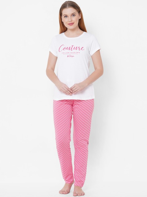 

Sweet Dreams Women White & Pink Printed Night suit