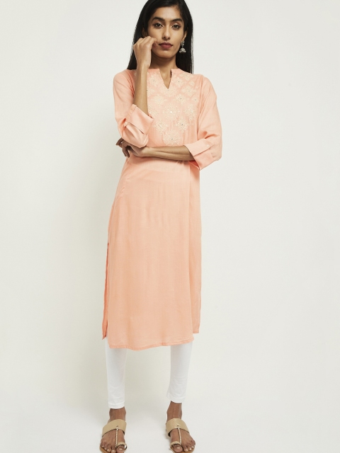 

max Women Peach Embroidered Kurta
