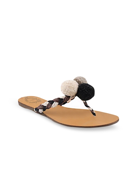 

Stelatoes Women Black Pom-Pom Embellished Fabric T-Strap Flats