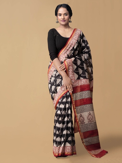 

Unnati Silks Black & Red Pure Silk Bagru Printed Chanderi Saree