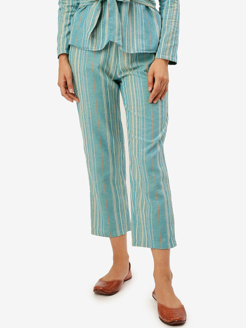 

Saaki Women Green & Off-White Regular Fit Striped Culottes