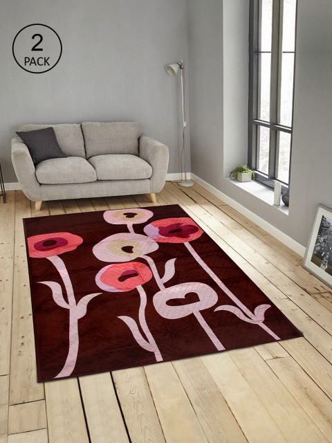 

KLOTTHE Set Of 2 Brown & Beige Floral Printed Carpets