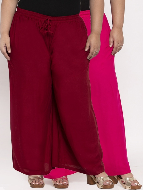 

TAG 7 PLUS Women Pack Of 2 Solid Straight Palazzos, Fuchsia