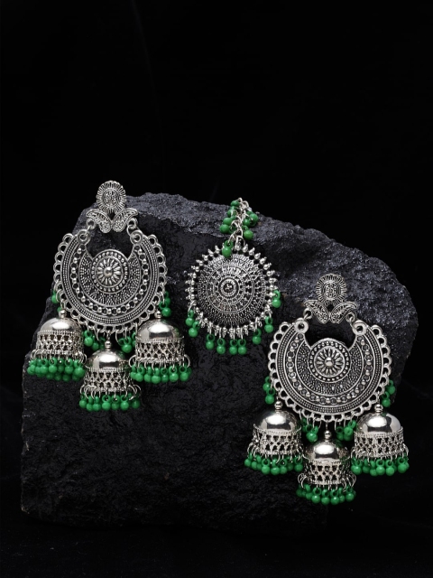 

Shining Diva Oxidised Silver-Toned & Green Beaded Jewellery Set