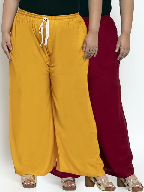 

TAG 7 PLUS Women Pack Of 2 Solid Straight Palazzos, Mustard