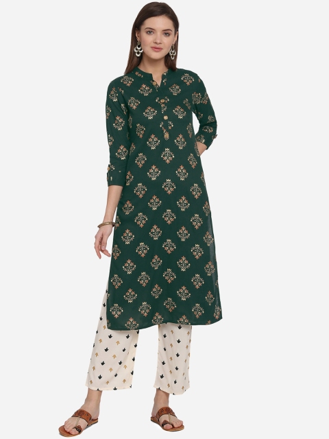 

Mirchi Fashion Women Green & Beige Foil Printed Kurta with Trousers