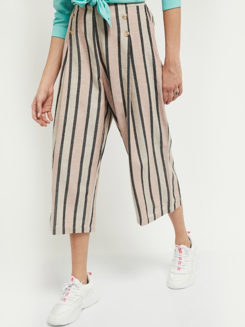 

max Women Pink & Beige Loose Fit Striped Culottes