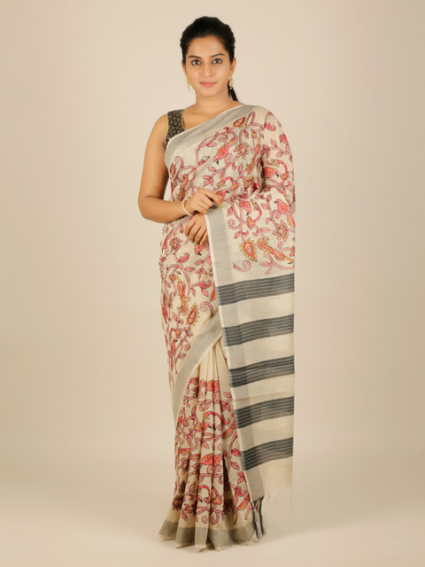 

Pothys Cream-Coloured Embroidered Jute Silk Saree