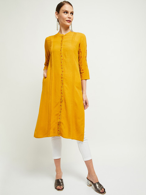 

max Women Mustard Embroidered Kurta