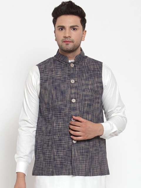 

Jompers Men Navy Blue Woven Design Cotton Waistcoat