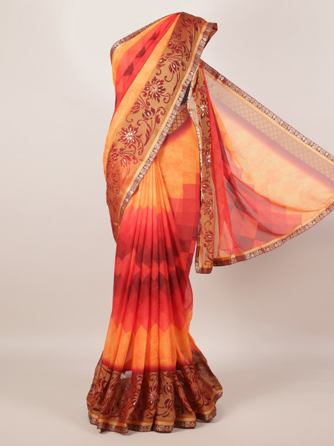 

Pothys Orange & Red Poly Georgette Printed Saree with Zari Border